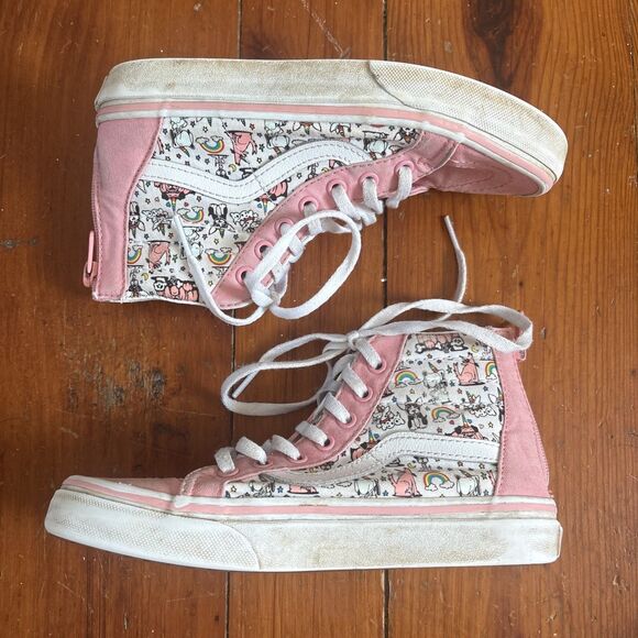 Vans Old Skool Back Hi Top Size 2 Pink Dog Unicorns Canvas Sneakers Kids - Picture 2 of 6